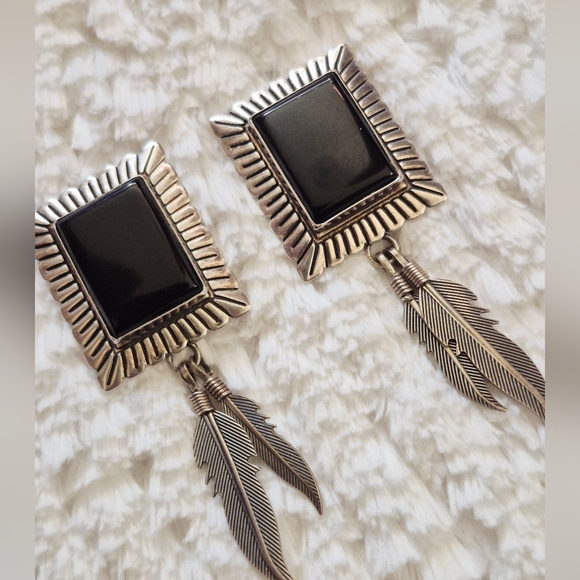 Vintage Sterling Silver Black Onyx Dangle Feather Earrings - Picture 4 of 9